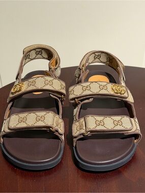 Gucci Beige & Brown GG Canvas Sandals with Gold Double-Gs